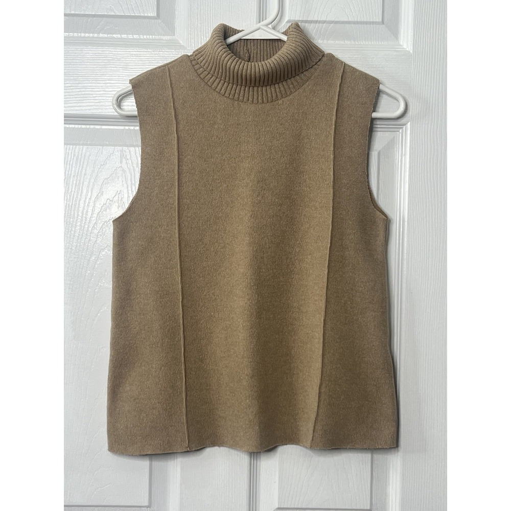 ZARA Knit Sleeveless Turtleneck Sweater Vest Camel Tan Preppy Minimalist Chic S - Picture 2 of 7